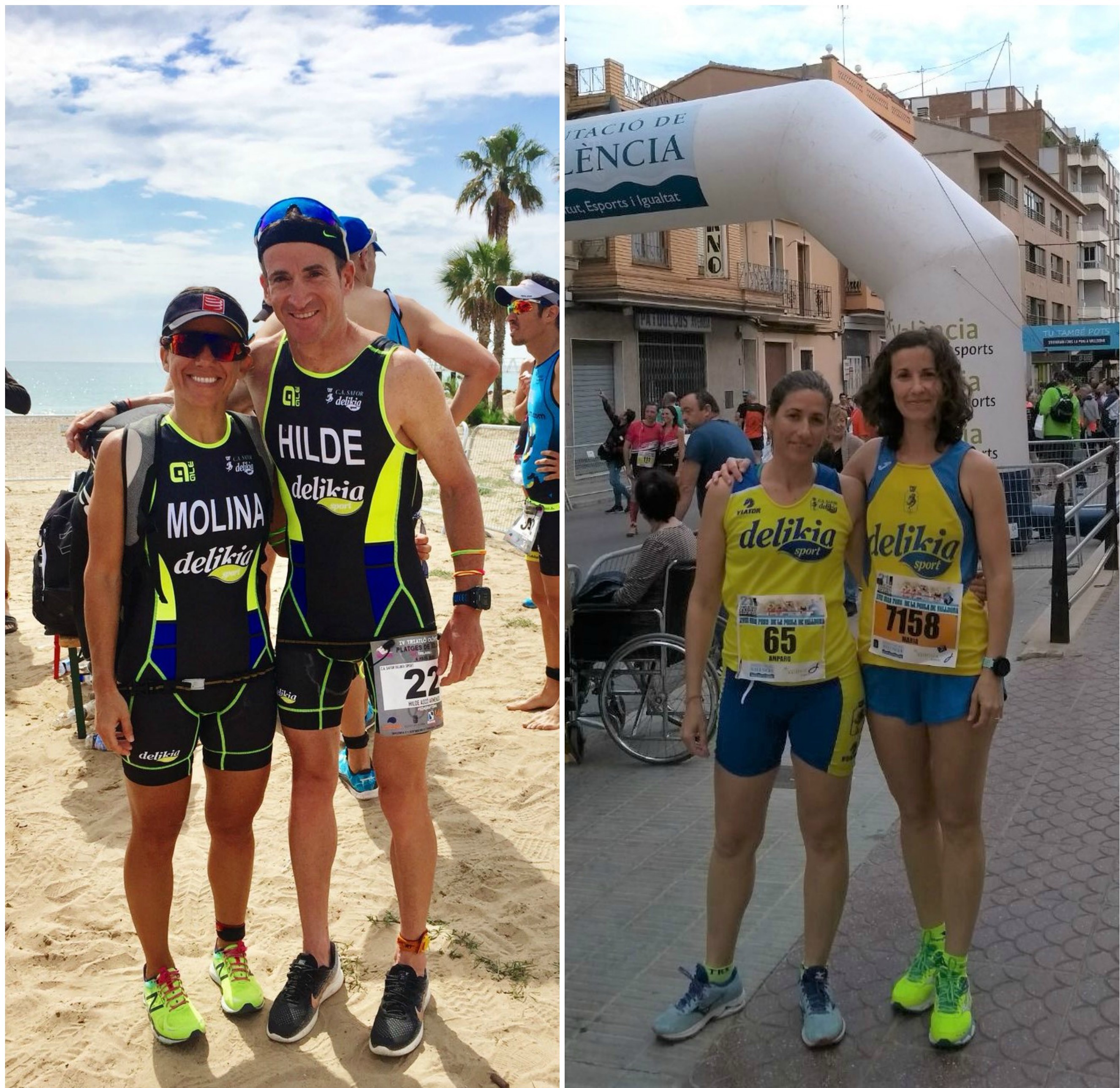 Hilde Ascó i Sara Molina en el triatló de Xilxes. A la dreta, Maria Boscà i Amparo Villar en la Pobla de Vallbona.